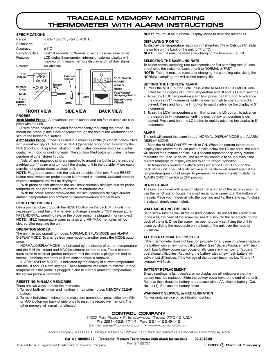 Nova-Tech 4527 TRACEABLE MEMORY MONITORING THERMOMETER WITH ALARM User Manual | 1 page
