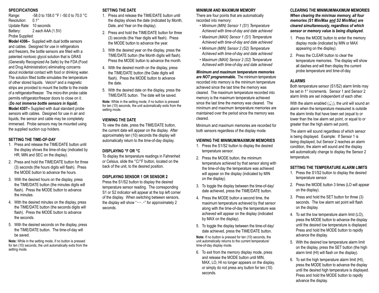 Control Company 4307 DUAL THERMOMETER WITH MINIMUM/MAXIMUM MEMORY TIME & DATE User Manual | 2 pages