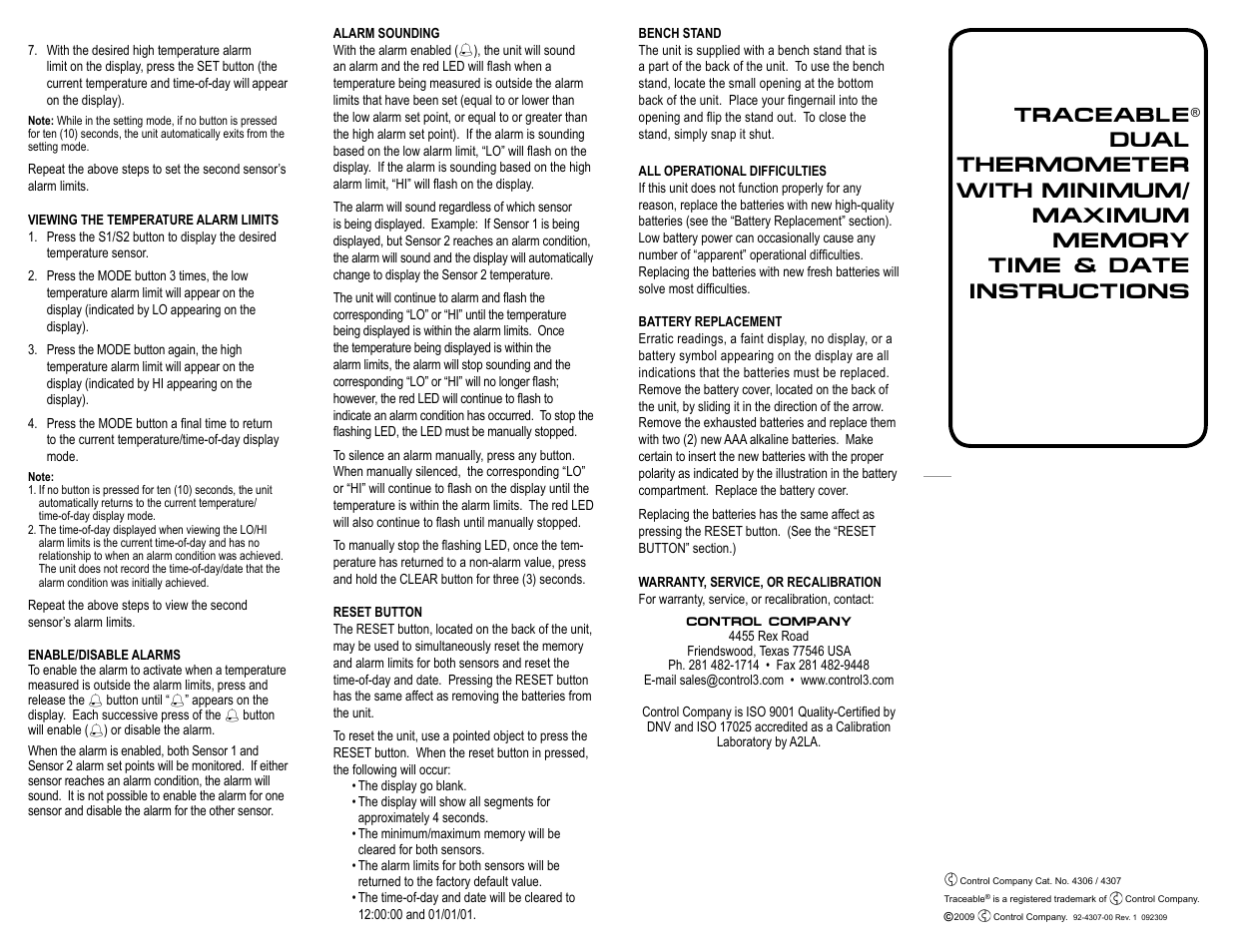 Traceable | Control Company 4307 DUAL THERMOMETER WITH MINIMUM/MAXIMUM MEMORY TIME & DATE User Manual | Page 2 / 2