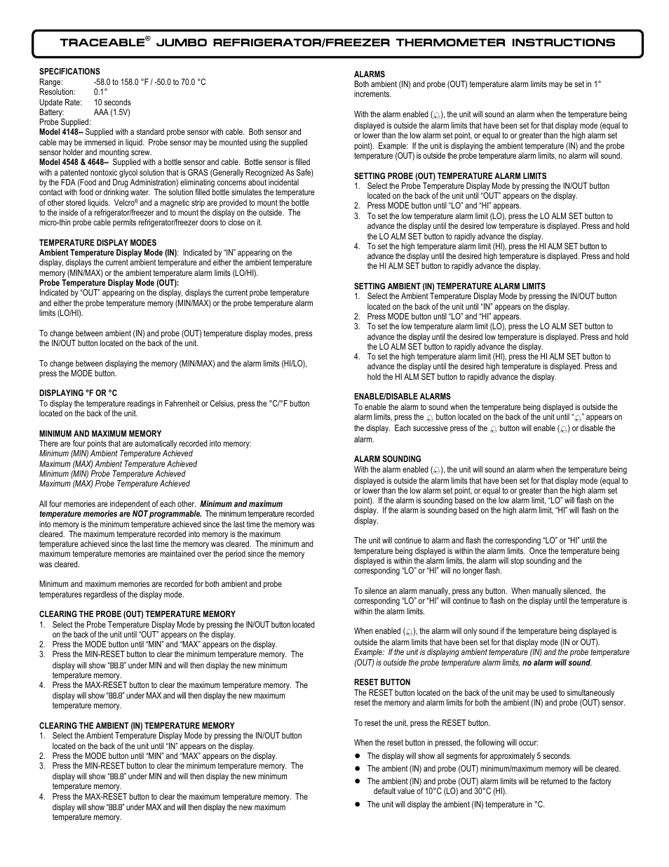 Control Company 4148 JUMBO REFRIGERATOR/FREEZER THERMOMETER User Manual | 2 pages