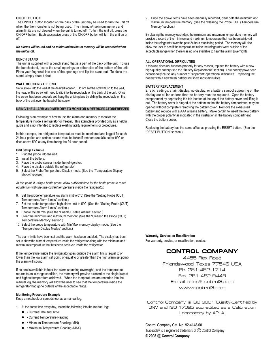 Control company | Control Company 4148 JUMBO REFRIGERATOR/FREEZER THERMOMETER User Manual | Page 2 / 2