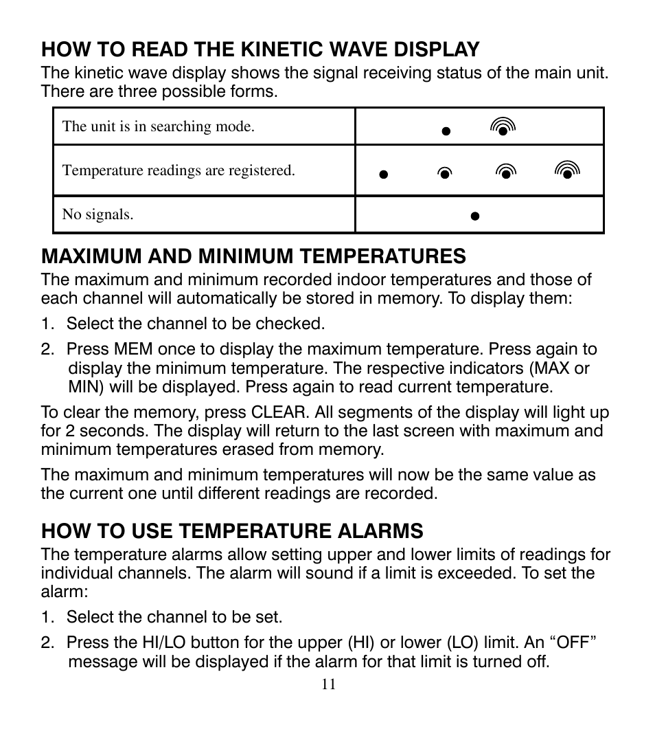 How to read the kinetic wave display, Maximum and minimum temperatures, How to use temperature alarms | Control Company 4115 RADIO-SIGNAL REMOTE THERMOMETER User Manual | Page 11 / 18