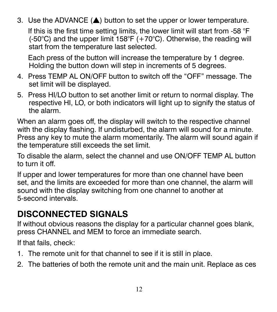 Disconnected signals | Control Company 4115 RADIO-SIGNAL REMOTE THERMOMETER User Manual | Page 12 / 18