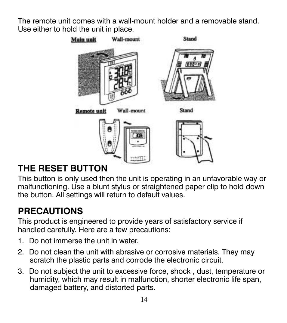 The reset button, Precautions | Control Company 4115 RADIO-SIGNAL REMOTE THERMOMETER User Manual | Page 14 / 18