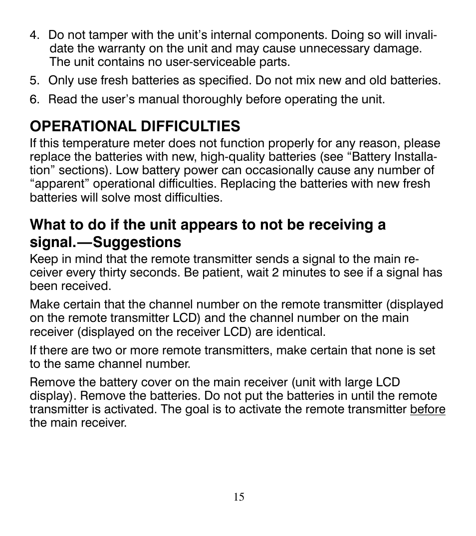 Operational difficulties | Control Company 4115 RADIO-SIGNAL REMOTE THERMOMETER User Manual | Page 15 / 18