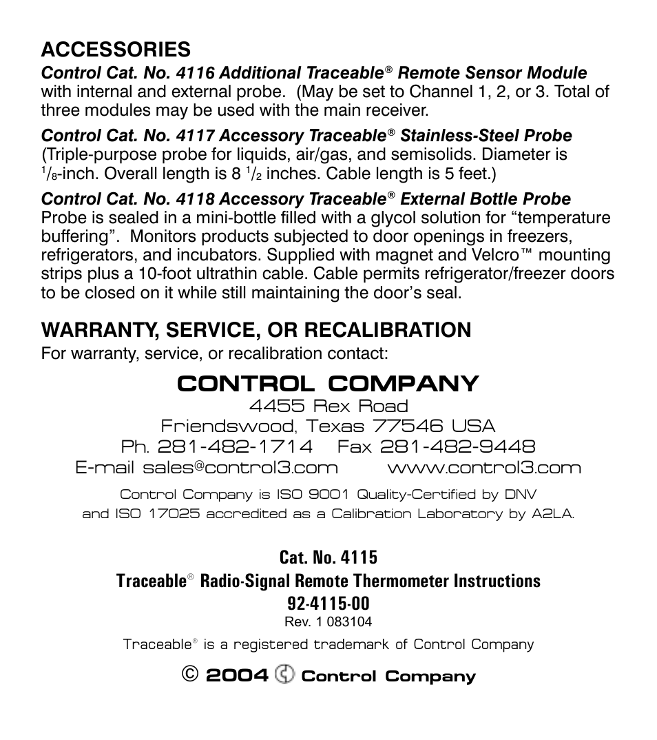 Control company, Accessories, Warranty, service, or recalibration | Control Company 4115 RADIO-SIGNAL REMOTE THERMOMETER User Manual | Page 18 / 18