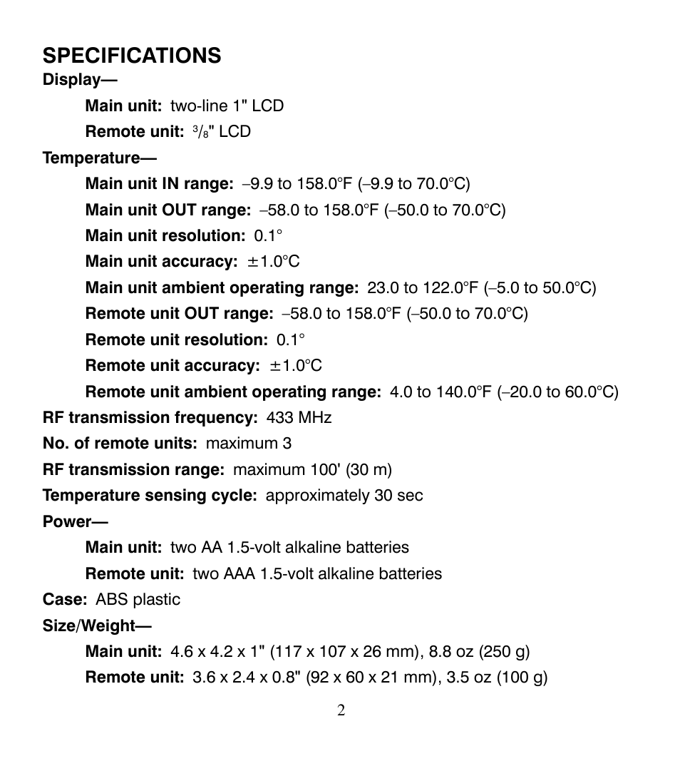 Specifications | Control Company 4115 RADIO-SIGNAL REMOTE THERMOMETER User Manual | Page 2 / 18