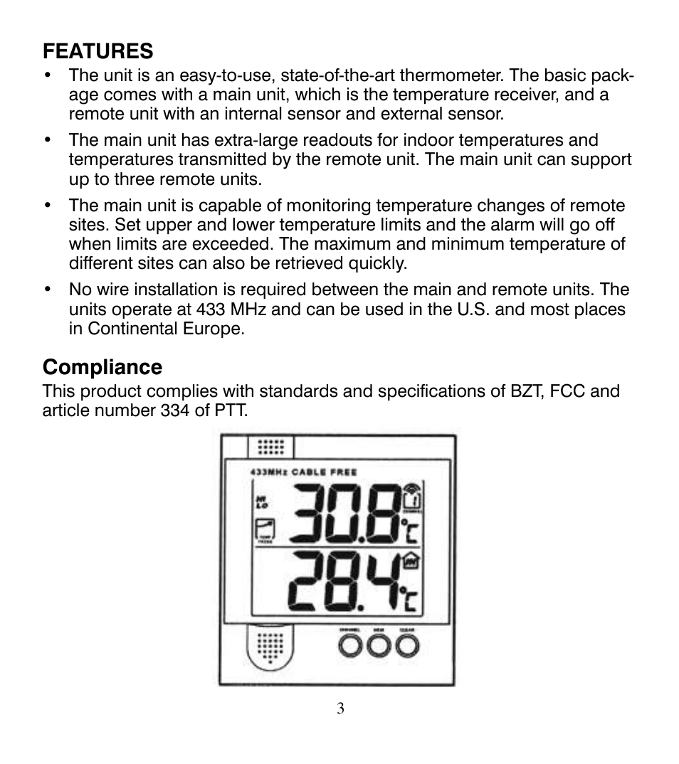 Features, Compliance | Control Company 4115 RADIO-SIGNAL REMOTE THERMOMETER User Manual | Page 3 / 18