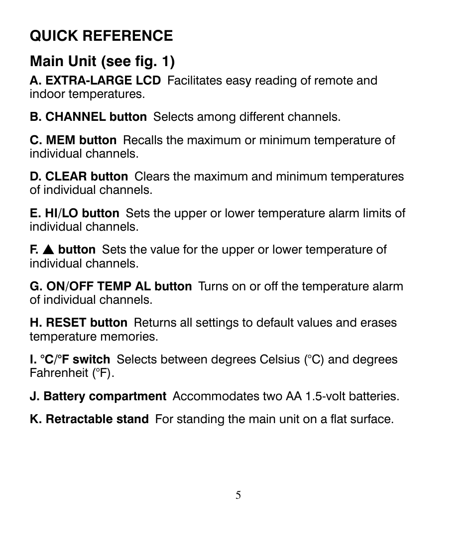 Quick reference main unit (see fig. 1) | Control Company 4115 RADIO-SIGNAL REMOTE THERMOMETER User Manual | Page 5 / 18