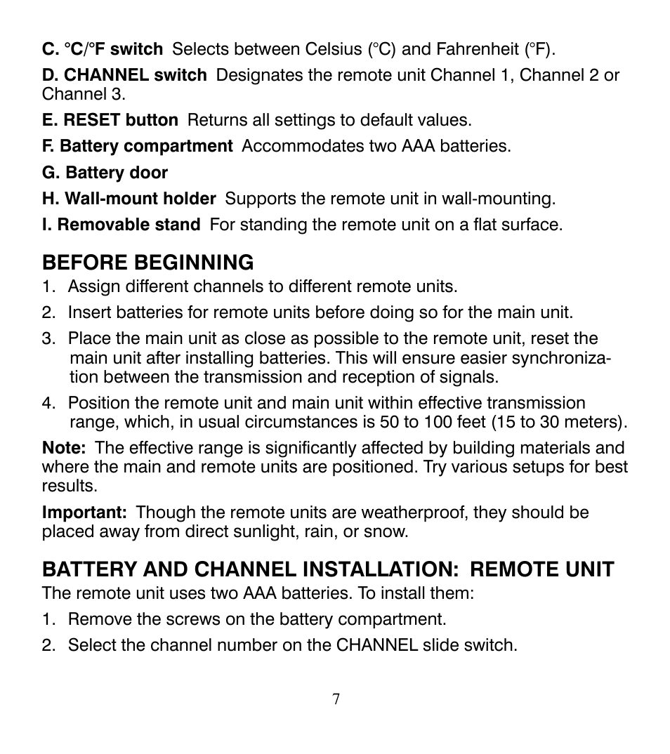 Before beginning, Battery and channel installation: remote unit | Control Company 4115 RADIO-SIGNAL REMOTE THERMOMETER User Manual | Page 7 / 18