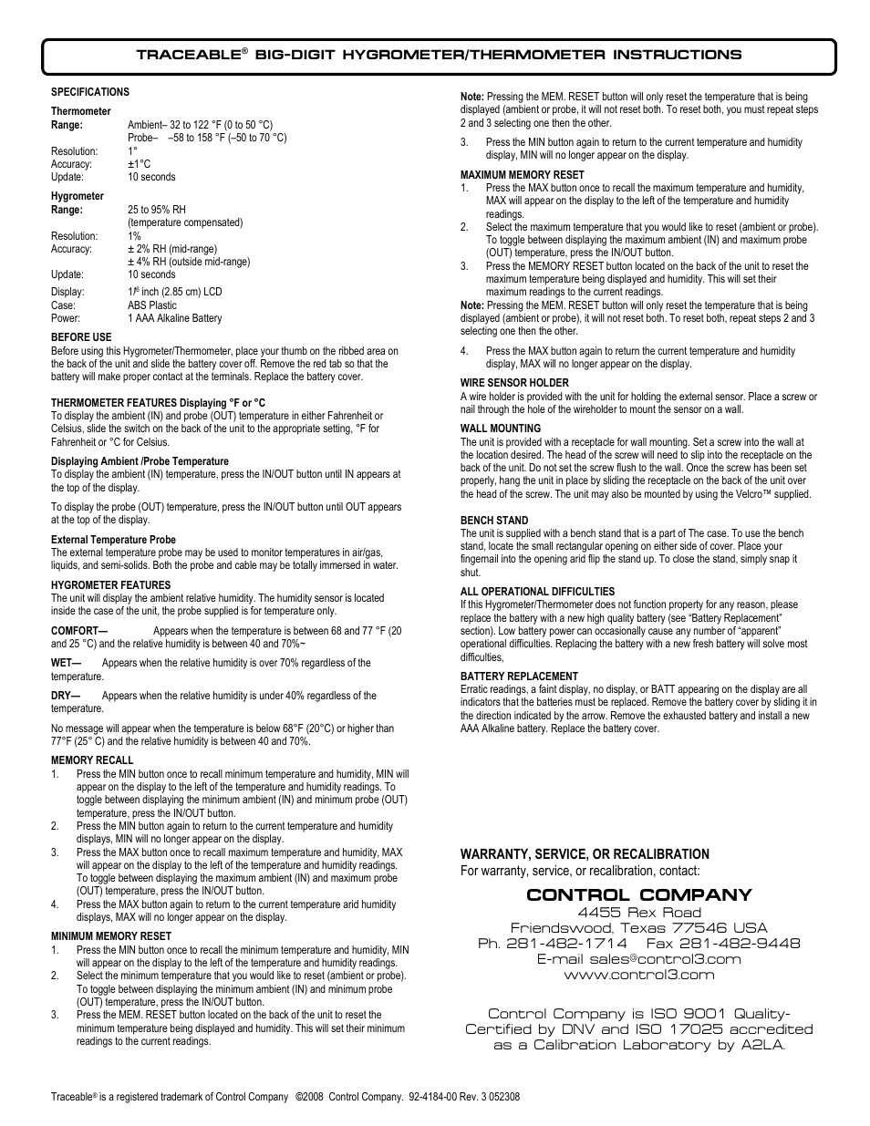 Control Company 4184 BIG-DIGIT HYGROMETER/THERMOMETER User Manual | 1 page