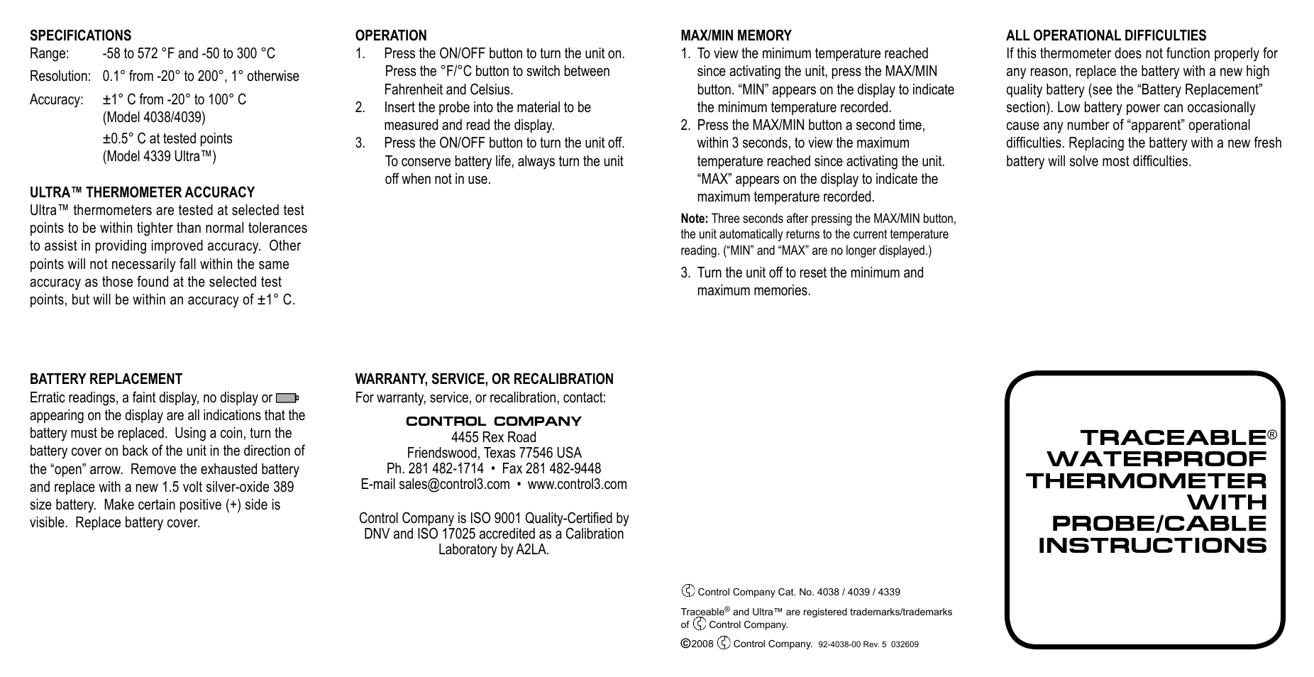 Control Company 4038 WATERPROOF THERMOMETER WITH PROBE/CABLE User Manual | 1 page