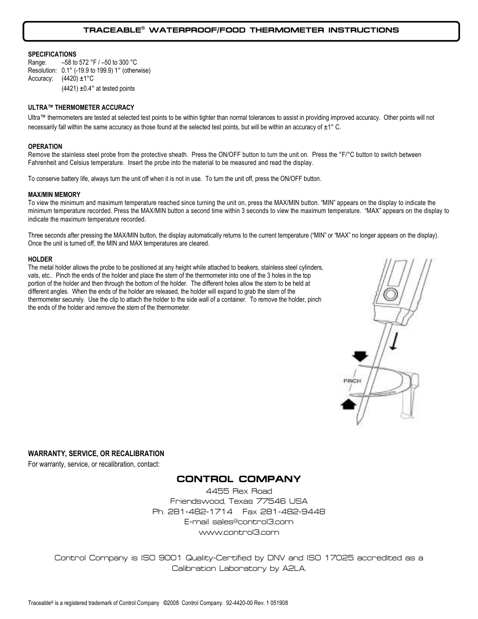 Control Company 4420 WATERPROOF/FOOD THERMOMETER User Manual | 1 page