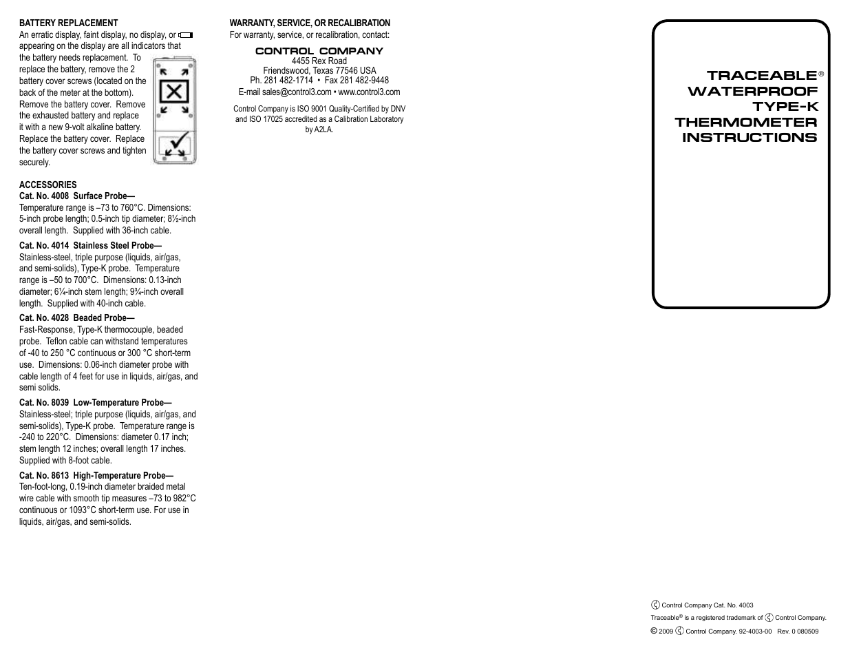 Control Company 4003 WATERPROOF TYPE-K THERMOMETER User Manual | Page 2 / 2