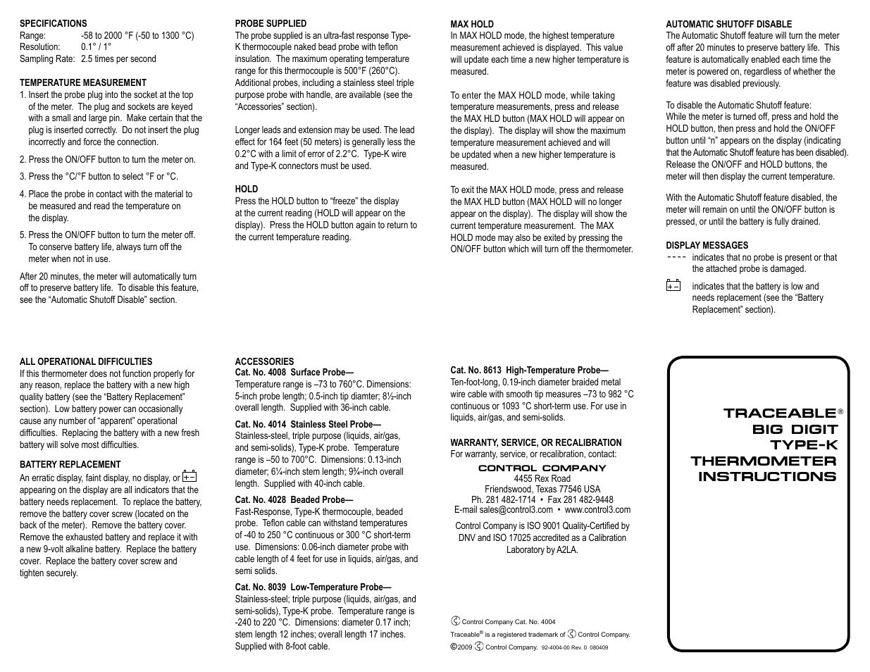 Control Company 4004 BIG DIGIT TYPE-K THERMOMETER User Manual | 1 page