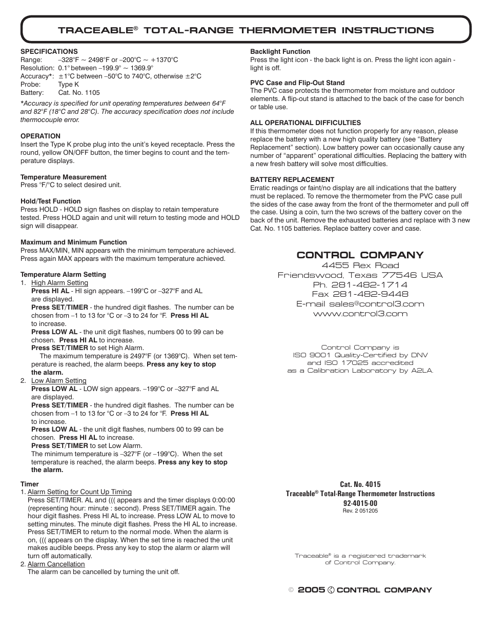 Control Company 4015 TOTAL-RANGE THERMOMETER User Manual | 1 page