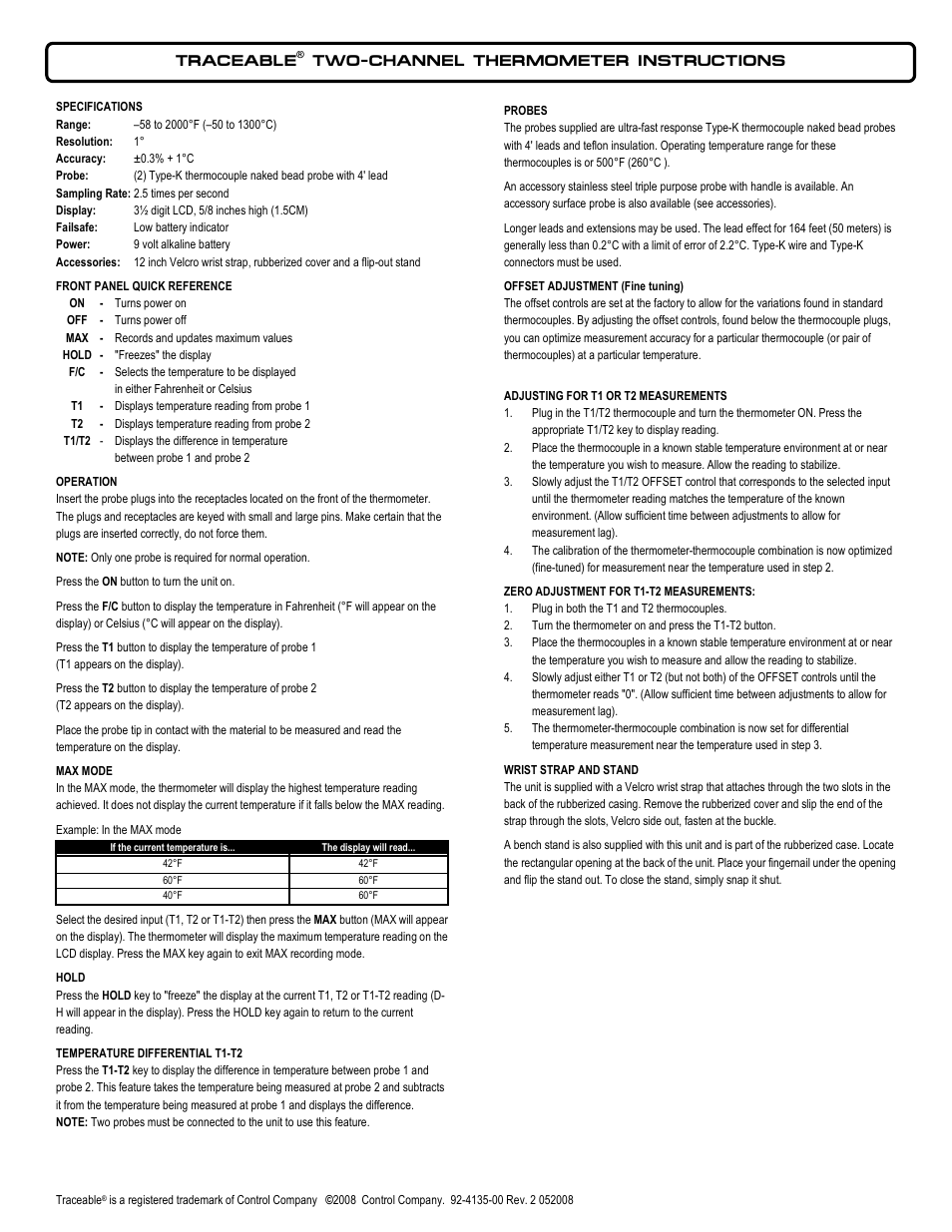 Nova-Tech 4635 TRACEABLE TWO-CHANNEL THERMOMETER User Manual | 2 pages