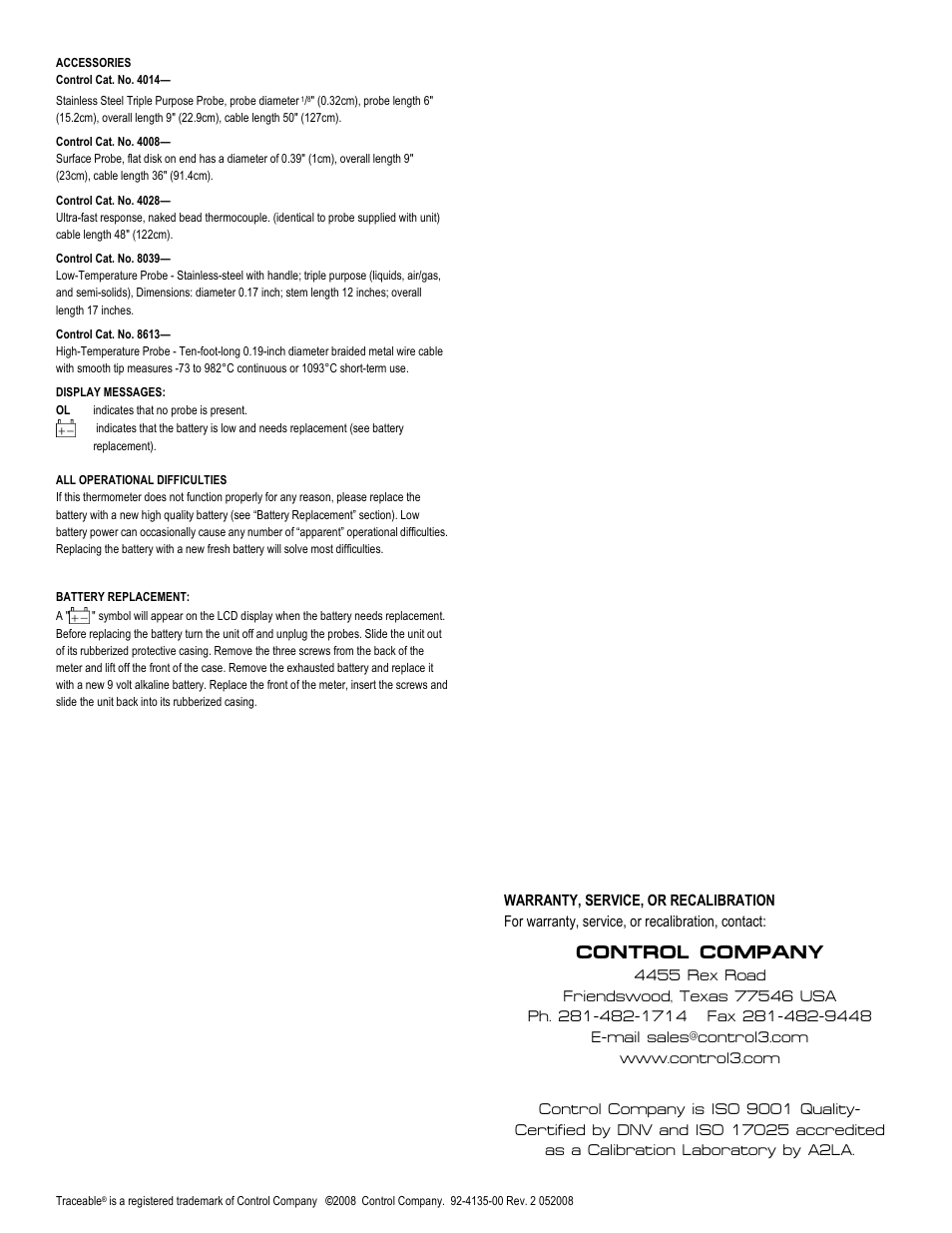 Control company | Nova-Tech 4635 TRACEABLE TWO-CHANNEL THERMOMETER User Manual | Page 2 / 2
