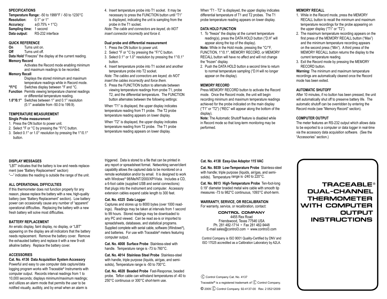 Control Company 4137 DUAL-CHANNEL THERMOMETER WITH COMPUTER OUTPUT User Manual | 1 page