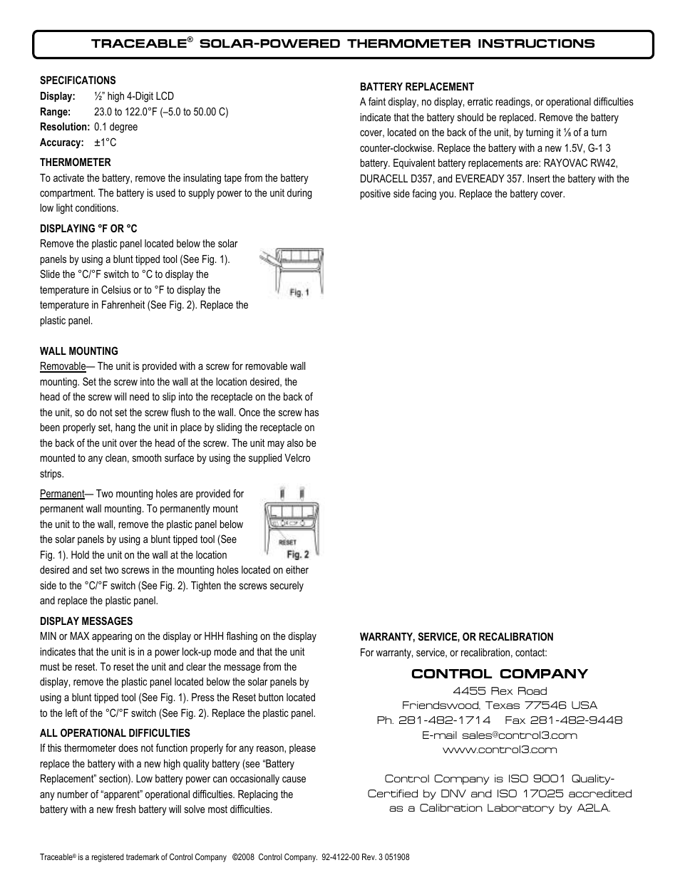 Control Company 4122 SOLAR-POWERED THERMOMETER User Manual | 1 page