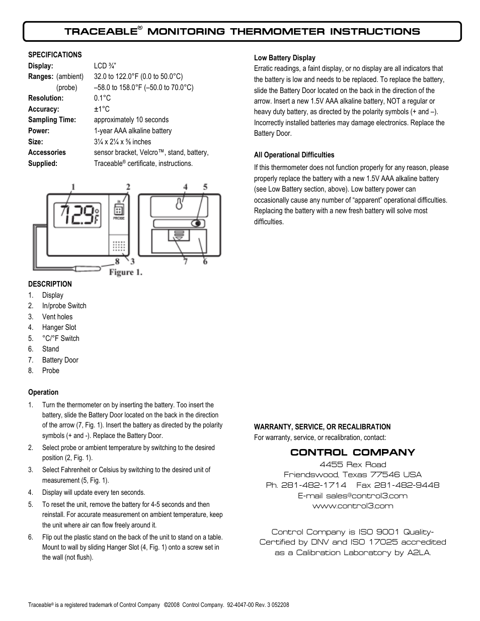 Control Company 4047 MONITORING THERMOMETER User Manual | 1 page