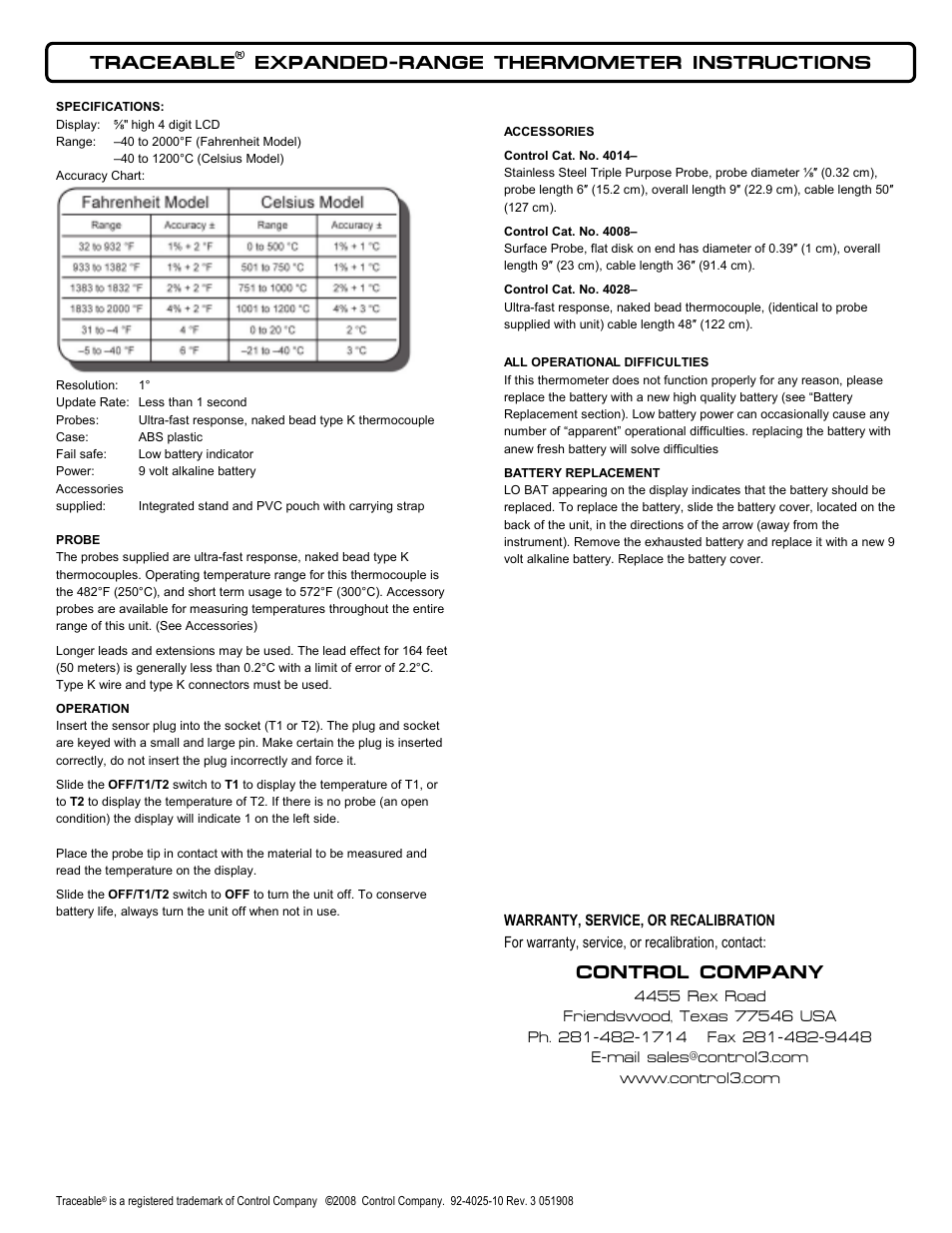 Control Company 4025 EXPANDED-RANGE THERMOMETER User Manual | 2 pages