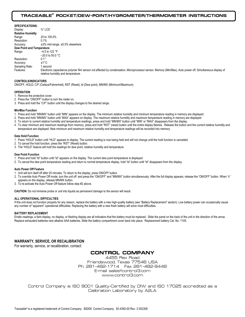 Nova-Tech 4392 TRACEABLE POCKET_DEW-POINT_HYGROMETER_THERMOMETER User Manual | 1 page