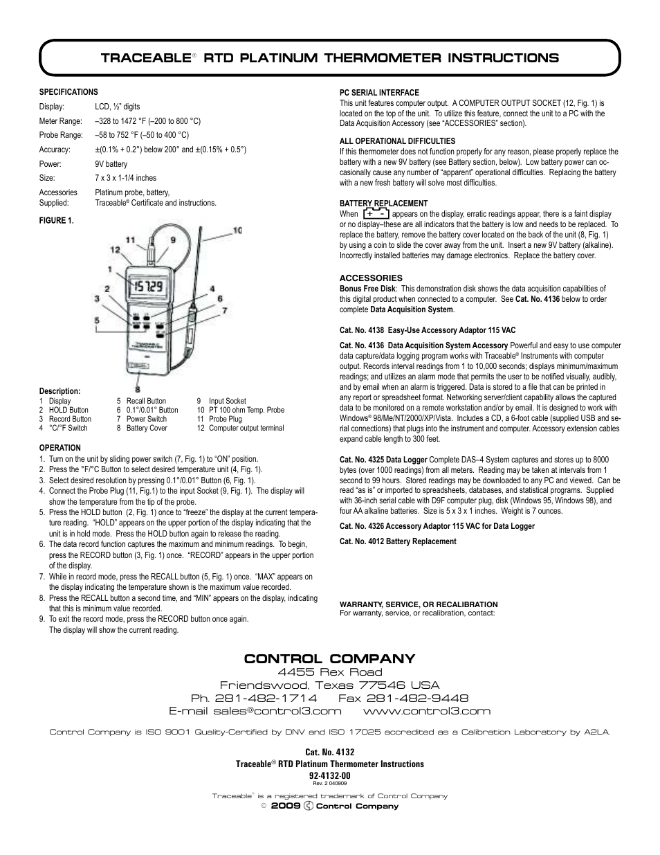 Control Company 4132 RTD PLATINUM THERMOMETER User Manual | 1 page