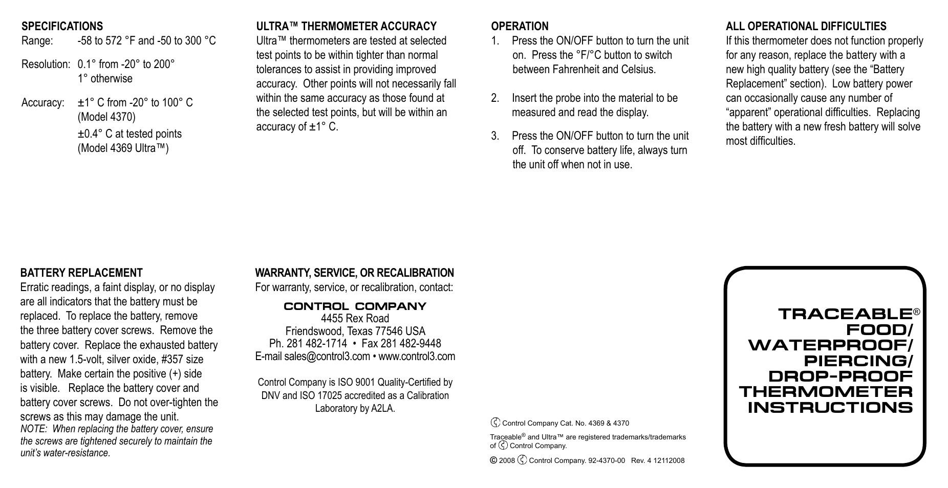 Control Company 4370 FOOD/WATERPROOF/PIERCING/DROP-PROOF THERMOMETER User Manual | 1 page