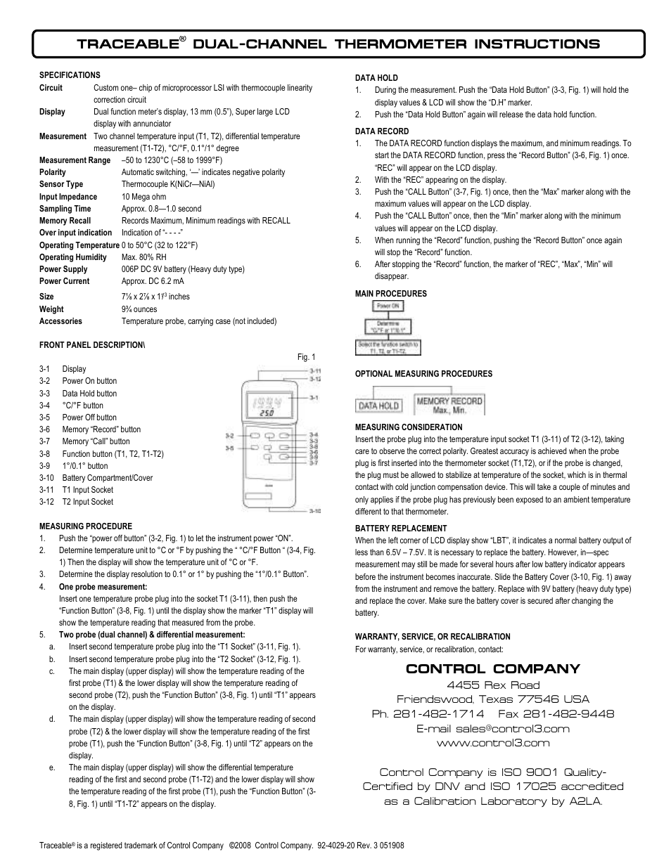 Control Company 4029 DUAL-CHANNEL THERMOMETER User Manual | 1 page