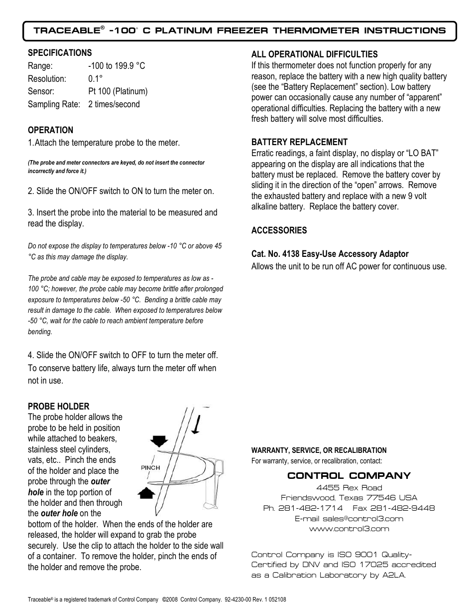 Control Company 4230 TRACEABLE-100° C PLATINUM FREEZER THERMOMETER User Manual | 1 page