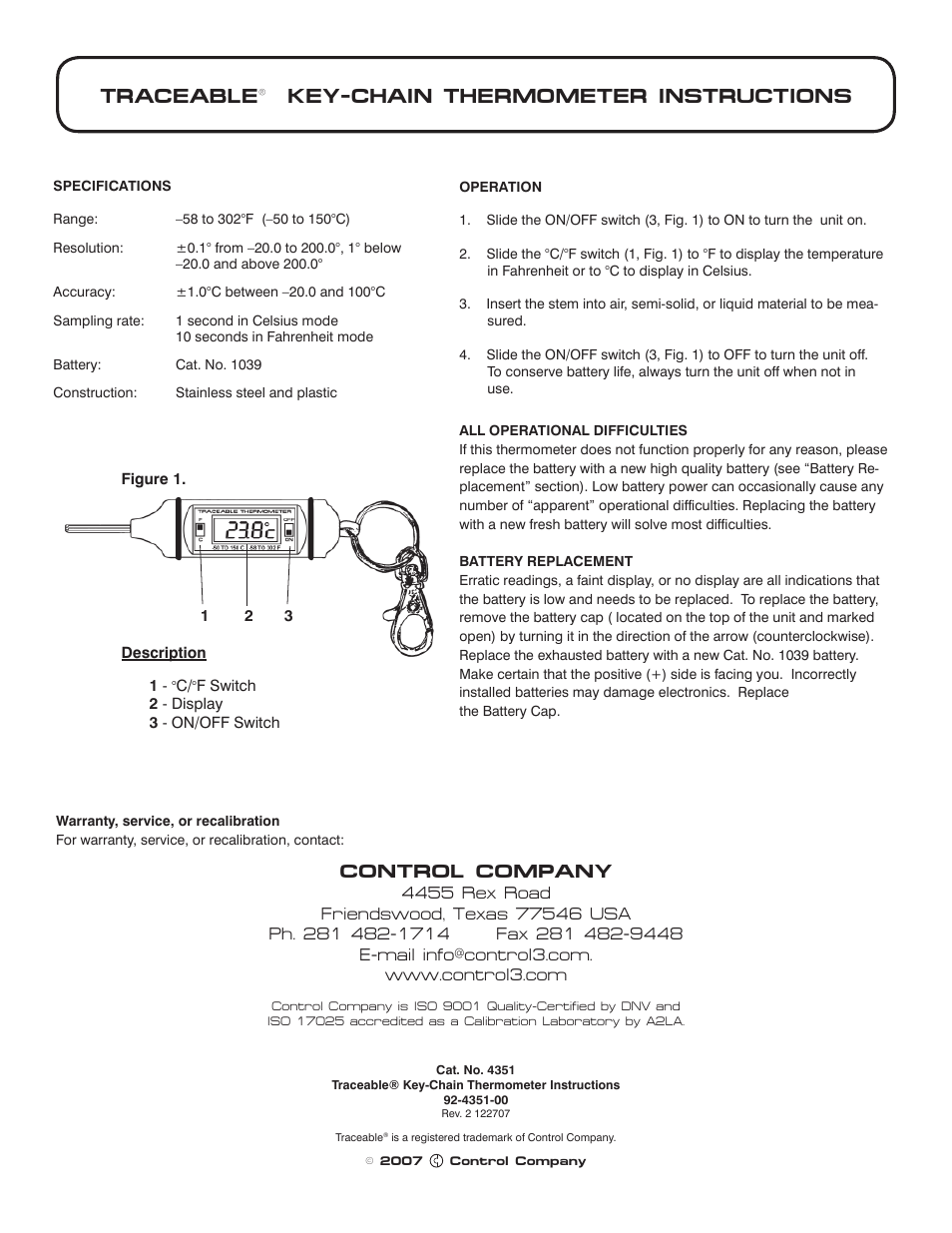 Control Company 4351 KEY-CHAIN THERMOMETER User Manual | 1 page