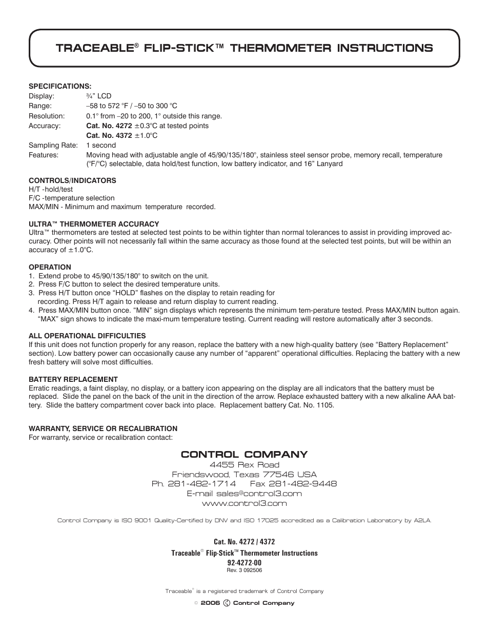 Control Company 4372 FLIP-STICK THERMOMETER User Manual | 1 page