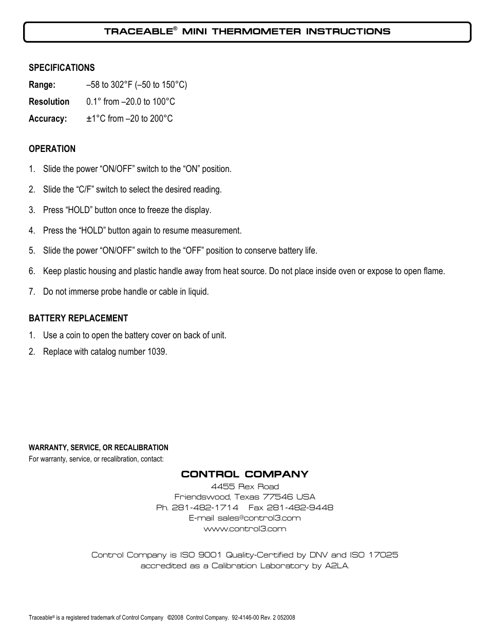 Control Company 4146 MINI THERMOMETER User Manual | 1 page