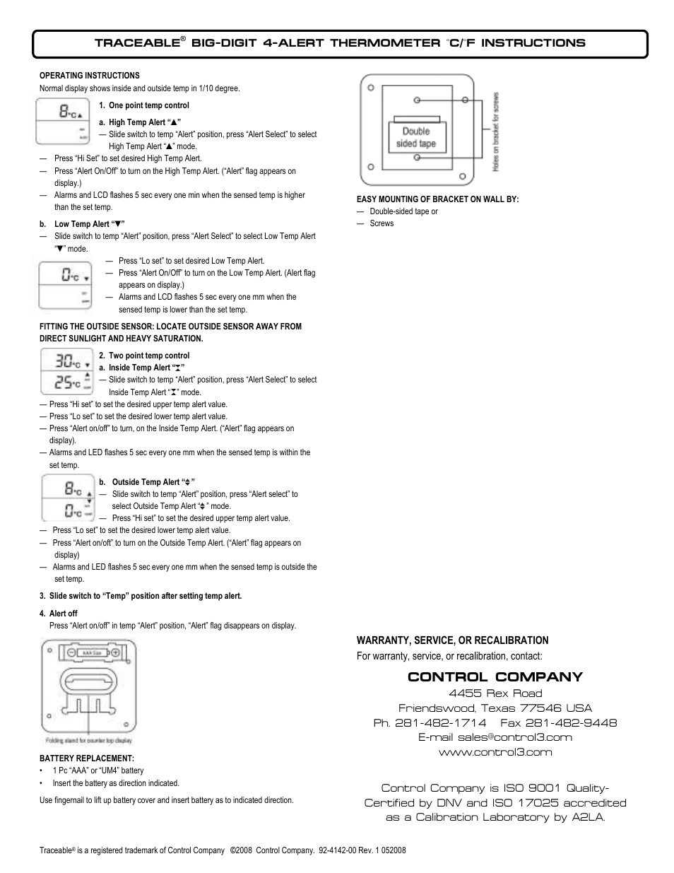 Control Company 4142 BIG-DIGIT 4-ALERT THERMOMETER °C/°F User Manual | 1 page
