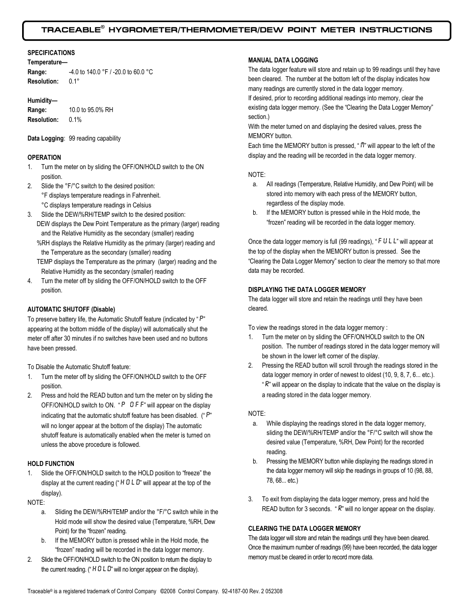 Control Company 4187 HYGROMETER/THERMOMETER/DEW POINT METER User Manual | 2 pages