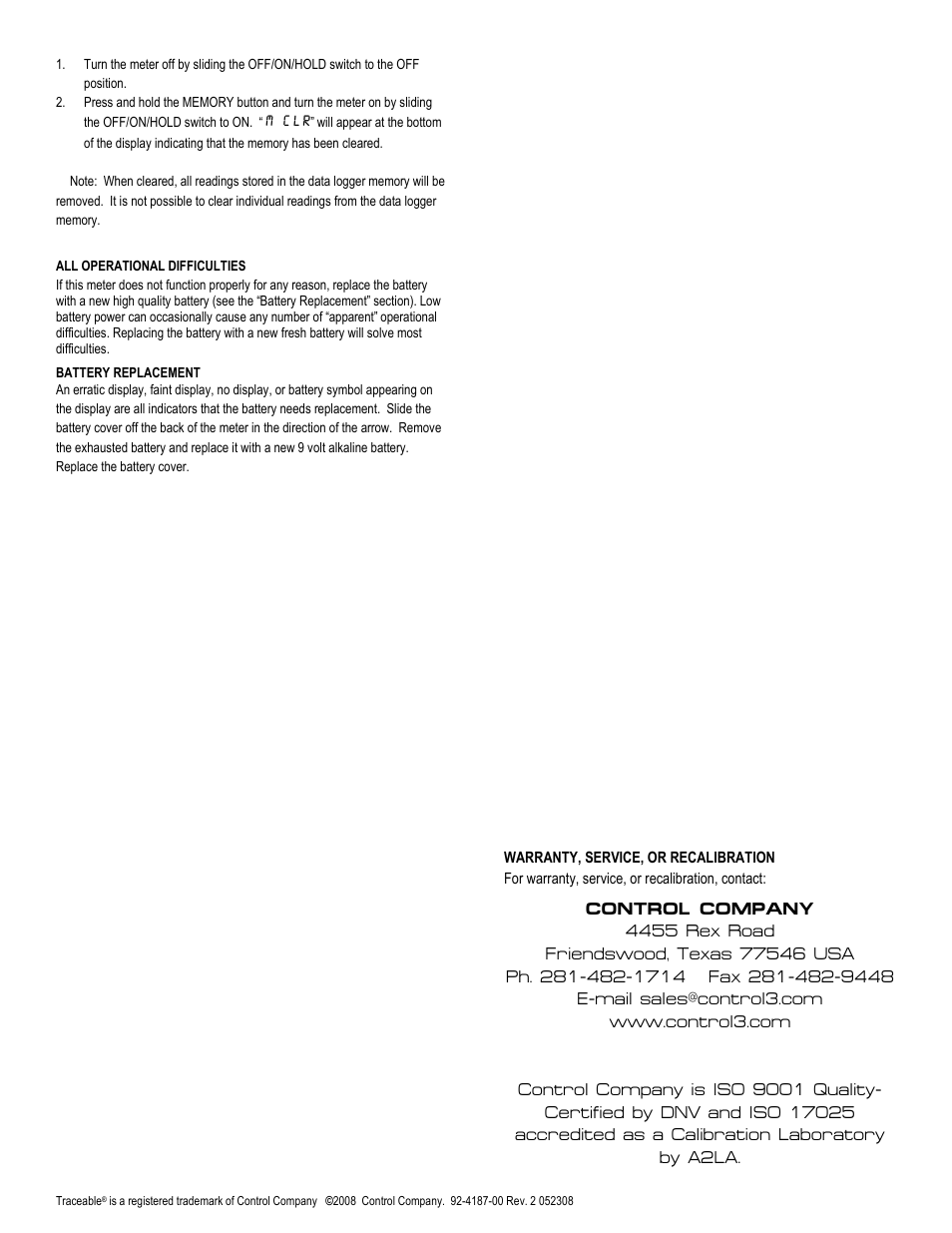 Control Company 4187 HYGROMETER/THERMOMETER/DEW POINT METER User Manual | Page 2 / 2
