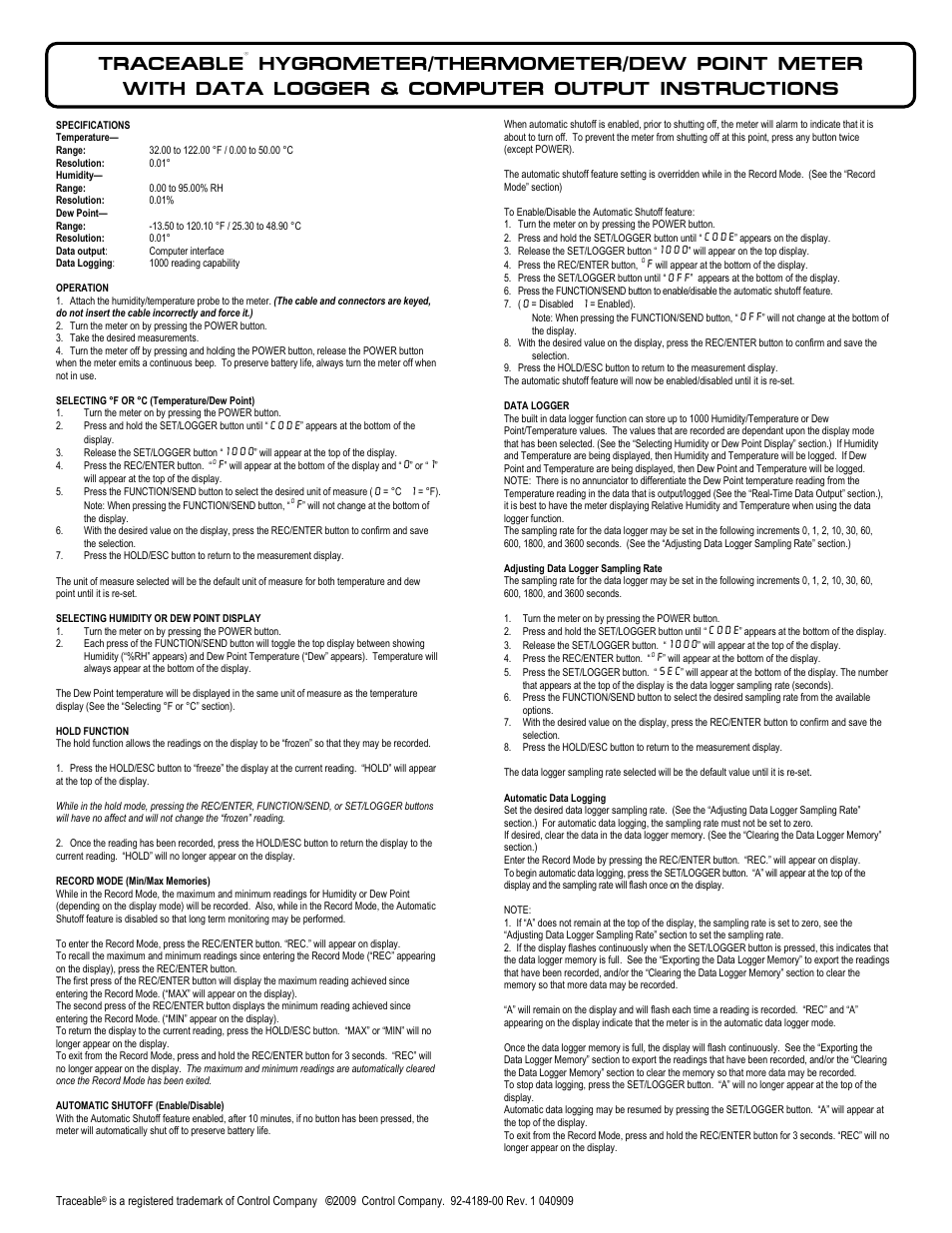 Control Company 4189 HYGROMETER/THERMOMETER/DEW POINT METER User Manual | 2 pages