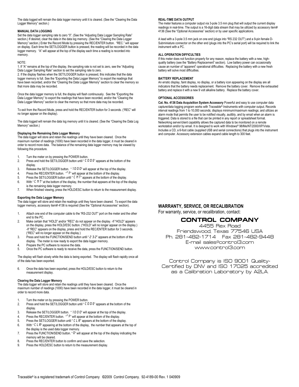 Control company | Control Company 4189 HYGROMETER/THERMOMETER/DEW POINT METER User Manual | Page 2 / 2