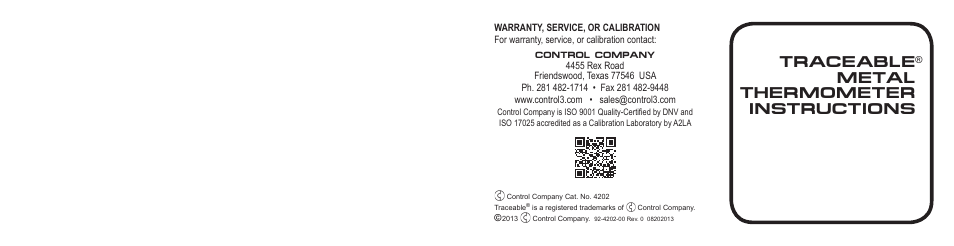 Traceable metal thermometer instructions | Control Company 4202 METAL THERMOMETER User Manual | Page 2 / 2