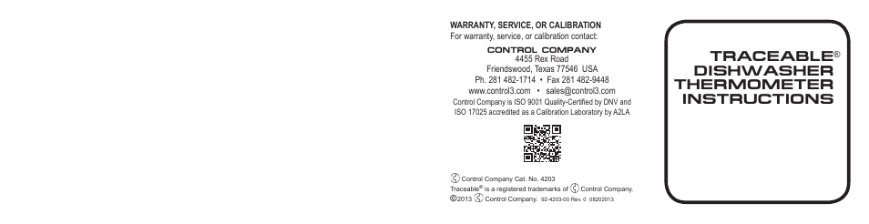 Traceable dishwasher thermometer instructions | Control Company 4203 DISHWASHER THERMOMETER User Manual | Page 2 / 2