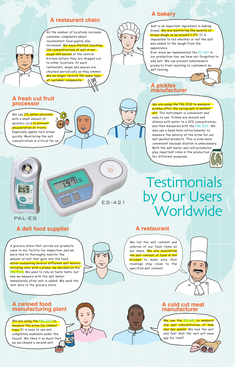 Salt meters, Testimonials by our users worldwide, Digital | Nacl solution, Specifications, Es-421 pal-es, For calibration), A cold cut meat manufacturer, A restaurant, A canned food manufacturing plant | Nova-Tech Atago Digital Salt Meters User Manual | Page 3 / 6