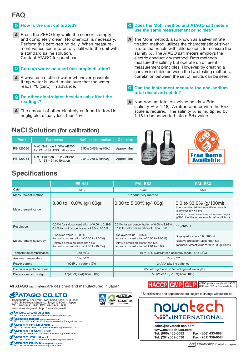 Salt meters, Testimonials by our users worldwide, Digital | Nacl solution, Specifications, Es-421 pal-es, For calibration), A cold cut meat manufacturer, A restaurant, A canned food manufacturing plant | Nova-Tech Atago Digital Salt Meters User Manual | Page 6 / 6