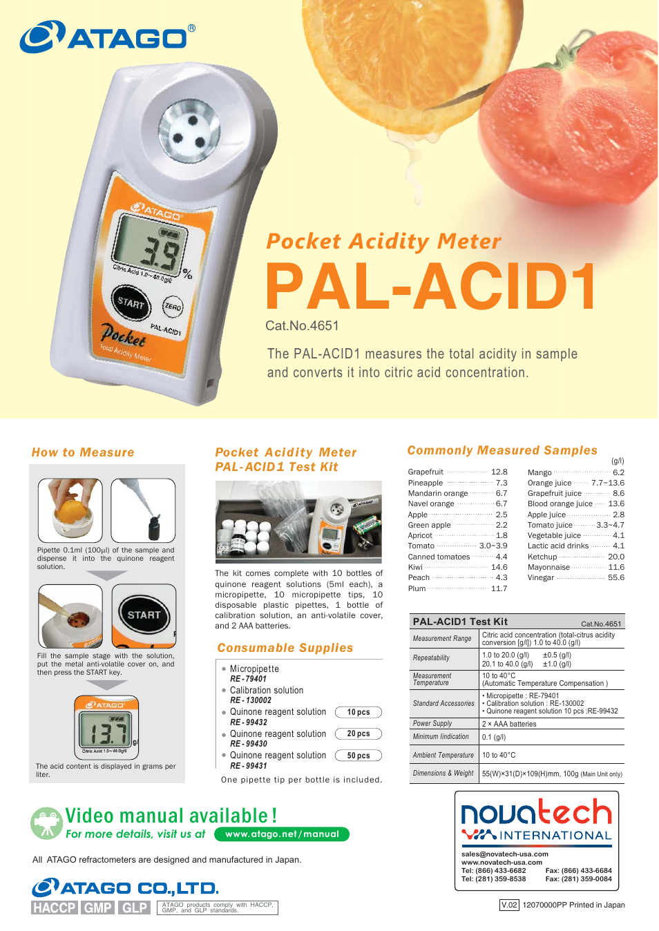 Nova-Tech Atago PAL-ACID1 Digital Pocket Refractometer User Manual | 1 page