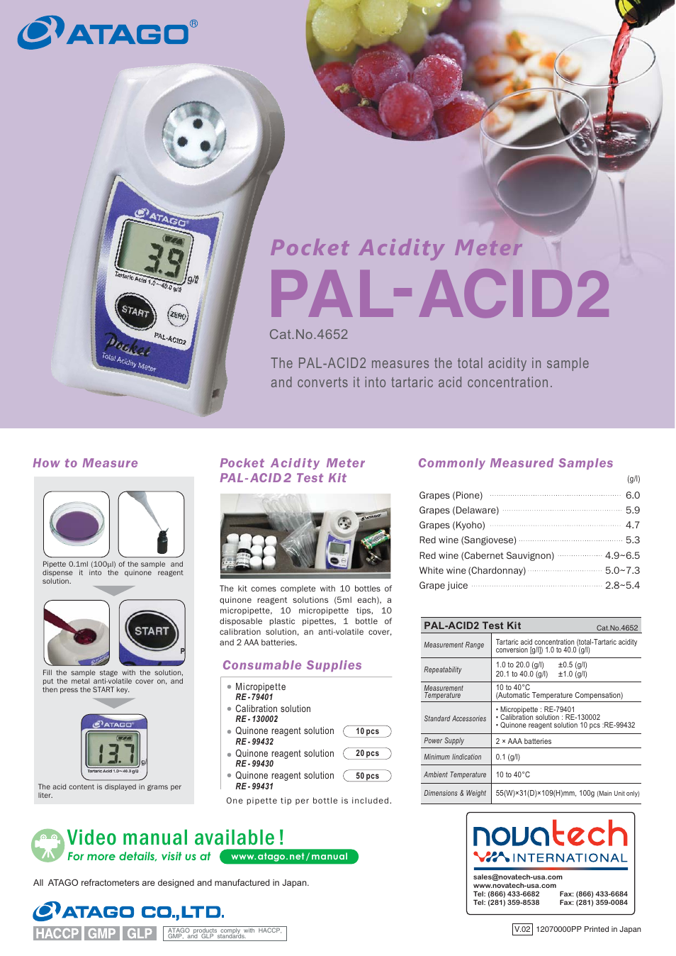 Nova-Tech Atago PAL-ACID2 Digital Pocket Refractometer User Manual | 1 page