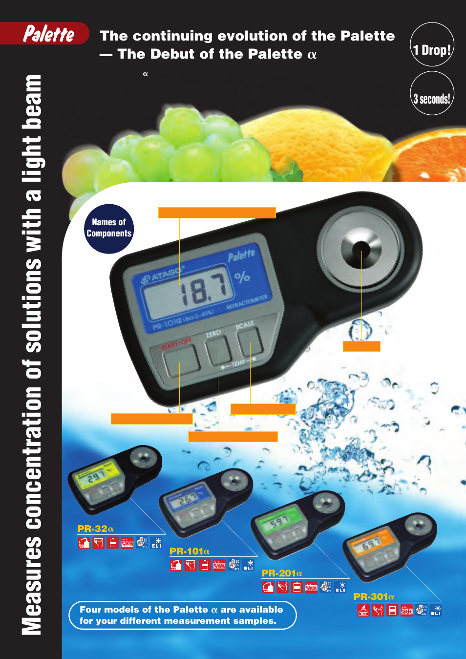 1 drop, 3 seconds, Main applications | Optional, Measurement method main features, Pr-32, Pr-101, Pr-201, Pr-301 | Nova-Tech Atago PR-a Palette Series Food User Manual | Page 2 / 4
