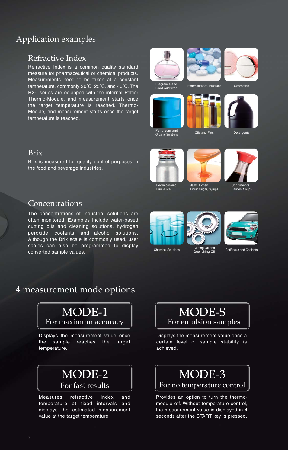 Digital refractometers, 4 measurement mode options, Accessories | Application examples, Refractive index brix concentrations, For maximum accuracy, Funnel-type flow cell, Digital printer dp-ad, Digital printer dp-63, Sucrose solution | Nova-Tech Atago RX-i Series Refractometer User Manual | Page 3 / 6
