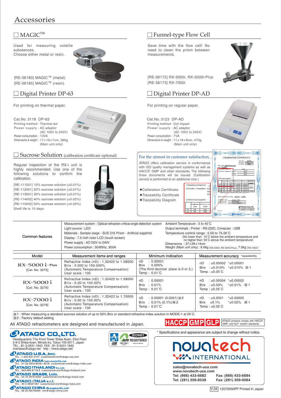 Digital refractometers, 4 measurement mode options, Accessories | Application examples, Refractive index brix concentrations, For maximum accuracy, Funnel-type flow cell, Digital printer dp-ad, Digital printer dp-63, Sucrose solution | Nova-Tech Atago RX-i Series Refractometer User Manual | Page 6 / 6