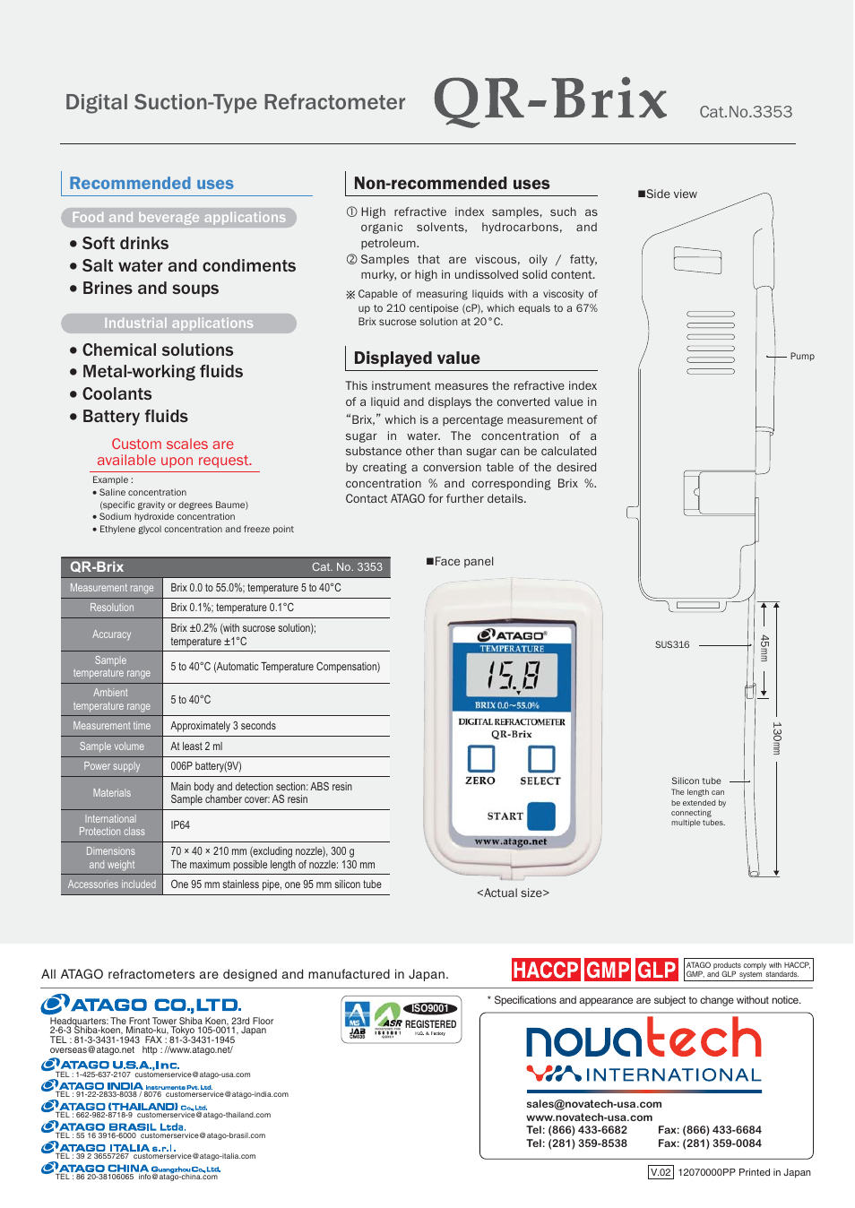 Digital suction-type refractometer, Non-recommended uses displayed value, Cat.no.3353 | Custom scales are available upon request | Nova-Tech Atago QR-Brix Digital Portable Refractometer User Manual | Page 2 / 2