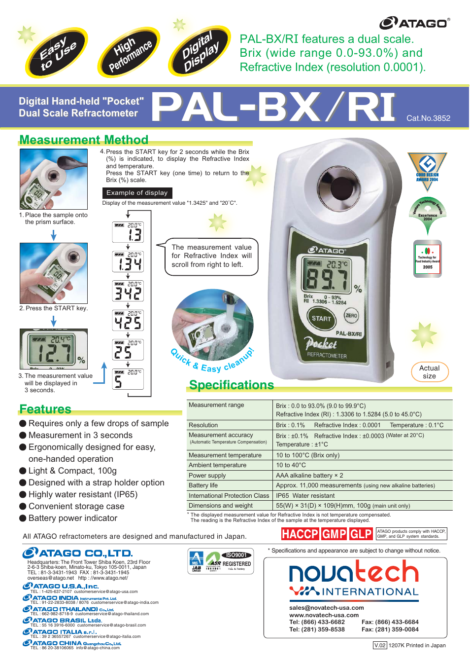Nova-Tech Atago PAL-BXRI Digital Pocket Refractometer User Manual | 1 page